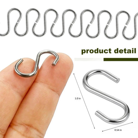 200 Piece 1 Inch Stainless Steel S Hooks For Curtain Hanging DIY Jewelry Pet Name Tags Key Rings Craft Assembly And Hella Versatile Mini Hardware Connector Clips shown in hand.