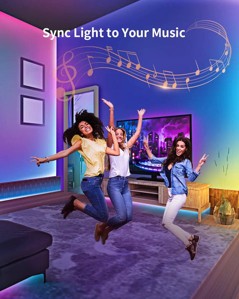 People dancing in a room lit by 100ft RGB Outdoor LED Strip Lights with App Control Bluetooth Music Sync IP65 Waterproof Color Changing Rope Light
