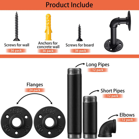 Vintage Black Iron Pipe Shelf Brackets 12 Pack Wall Mount Shelving set with screws, pipes, flanges, and elbows shown