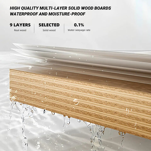 Top Tier Double Sink Bathroom Vanity Made From Solid Wood Featuring Integrated Ceramic Sink And Built In LED Defogging Mirror For A No Fuss Super Slick Morning Routine, showing multi-layer solid wood boards with water resistance.