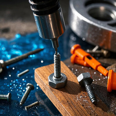 Stainless steel hex bolts with nuts; 1/4-20 x 1-1/2 in, fully threaded fasteners on wood block