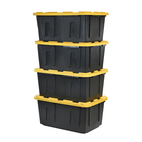 Stack of Beefy 27 Gallon Heavy Duty Stackable Storage Bins With Lids For Easy Stacking, Large Capacity 4 Pack