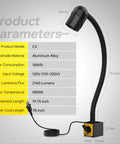 Side view of 18W Magnetic Lathe Light With 2160 Lumens Flexible Gooseneck Work Lamp dimensions and specifications.