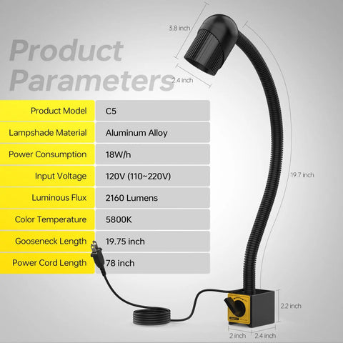 Side view of 18W Magnetic Lathe Light With 2160 Lumens Flexible Gooseneck Work Lamp dimensions and specifications.