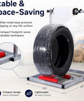 Heavy Duty Film Wrap Roll Dispenser For Tires And Trucks Adjustable Manual Stretch Wrapping Stand showcasing a tire wrapped on a metal frame.