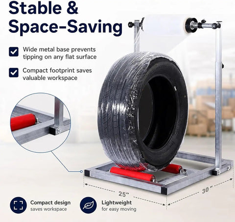 Heavy Duty Film Wrap Roll Dispenser For Tires And Trucks Adjustable Manual Stretch Wrapping Stand showcasing a tire wrapped on a metal frame.