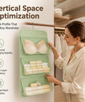Woman organizing bras and rolled towels in Pink Mesh Storage Hanging Bag With 360 Swivel Hook and Expandable Double Layer Closet Organizer.