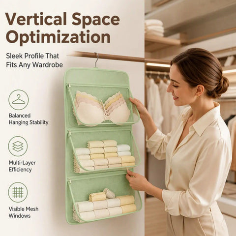 Woman organizing bras and rolled towels in Pink Mesh Storage Hanging Bag With 360 Swivel Hook and Expandable Double Layer Closet Organizer.