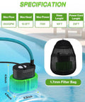 Pool Cover Pump Above Ground Submersible Water Sump Pump For Swimming Pool Water Removal With Drainage Hose 25 Feet Extra Long Power Cord 850 GPH Includes 3 Adapters IPX8 Weatherproof ABS Housing in a pool with specifications displayed.
