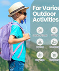 Child wearing purple 3 Piece Kids Hydration Backpack Set With A One And A Half Liter Water Bladder, outdoors, sunny day.