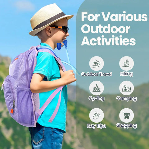 Child wearing purple 3 Piece Kids Hydration Backpack Set With A One And A Half Liter Water Bladder, outdoors, sunny day.