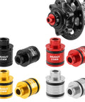 1 Pair Mountain Bike Hub Quick Release Adapter End Cap Converts 12mm and 15mm Thru Axles to 9mm Quick Release for Mountain and Road Bikes Aluminum Alloy Durable Black displayed with various sizes and colors.