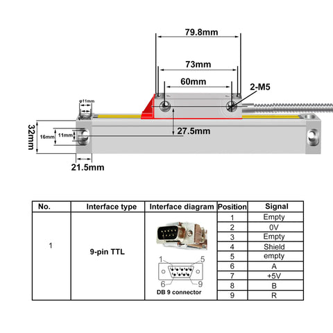 Diagram of Pro Grade IP55 Linear Scale Encoder 5um Precision with 12 Inch Travel showing dimensions and 9-pin TTL connector details.