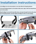Installation instructions for All Terrain Drone Airdrop System With Remote Release, showing attachment to drone body.