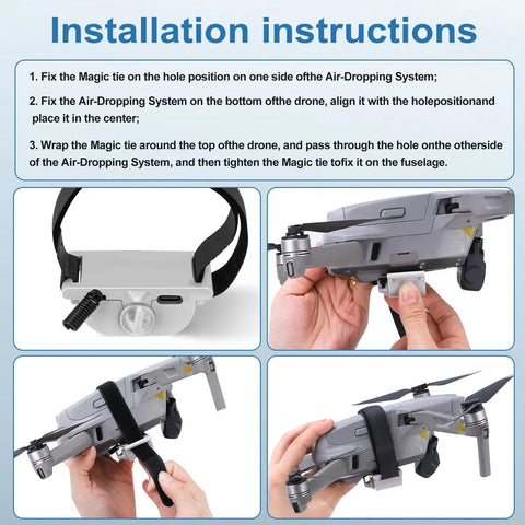 Installation instructions for All Terrain Drone Airdrop System With Remote Release, showing attachment to drone body.
