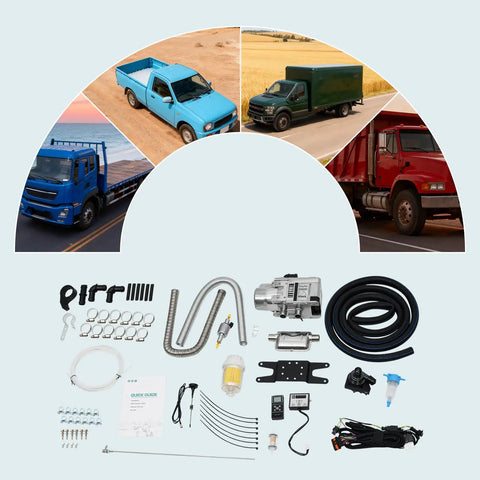 12V 5000W Diesel Cabin Heater Complete Kit With Efficient Air Ducting And Remote Control For Rv Vans And Trucks Delivering Quiet Bangin Heat On The Go with heater components and truck images