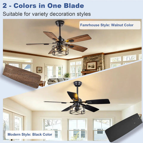 Rustic 42-Inch Farmhouse Ceiling Fan With Cage Light And Remote Dual Finish Black Walnut Blades Noiseless Go-To 5-Blade Design