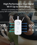 AC1900 Dual Band WiFi Range Extender Amps Up Your Home Network With Gigabit Ethernet Port displayed with speed details overlay