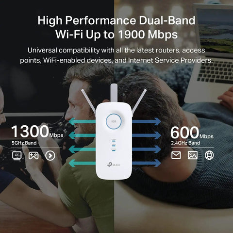 AC1900 Dual Band WiFi Range Extender Amps Up Your Home Network With Gigabit Ethernet Port displayed with speed details overlay
