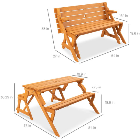 2-In-1 Transforming Outdoor Picnic Table And Garden Bench, Wooden Patio Furniture With Umbrella Hole, natural finish