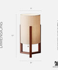 Quinn Table Lantern With Walnut Birch Wood Crisscross Base And Natural Linen Shade dimensions shown with 17-inch height and 9-inch base