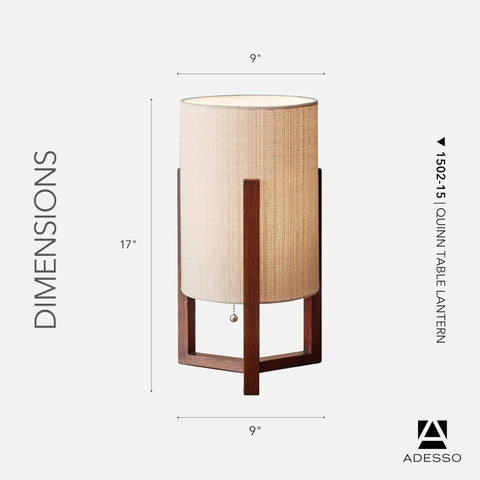 Quinn Table Lantern With Walnut Birch Wood Crisscross Base And Natural Linen Shade dimensions shown with 17-inch height and 9-inch base