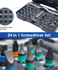 24 In 1 Magnetic Ratchet Screwdriver Set With Detachable Handle showing bits and case layout