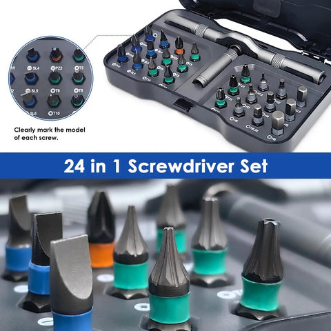 24 In 1 Magnetic Ratchet Screwdriver Set With Detachable Handle showing bits and case layout