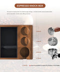 4 In 1 Espresso Knock Box And Tamper Mat Stand For 58mm Coffee Accessories Featuring A 1.5L Detachable Stainless Steel Knock Box In Brown Walnut Finish shown with dimensions and tamper holder.