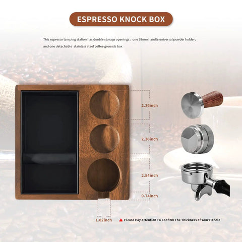 4 In 1 Espresso Knock Box And Tamper Mat Stand For 58mm Coffee Accessories Featuring A 1.5L Detachable Stainless Steel Knock Box In Brown Walnut Finish shown with dimensions and tamper holder.