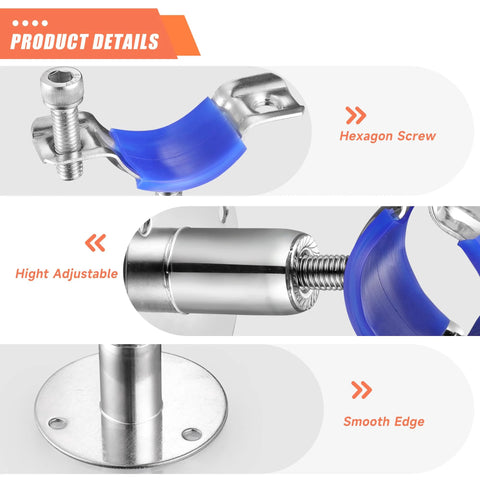 WYSIWYKA 6-pack stainless steel pipe clamps with blue strap for 38–40 mm OD pipes; wall/ceiling mount, adjustable.