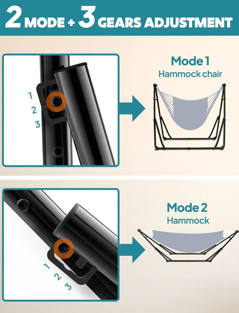 Image showing 2 modes of the 2 In 1 Hammock And Swing Chair With Collapsible Steel Stand And Carrying Case Portable Adjustable