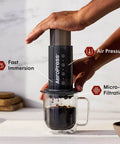 All In One French Press Pour Over And Espresso Style Manual Brewer For Quick 2 Minute Brews With Rich Flavor, portable coffee maker in use