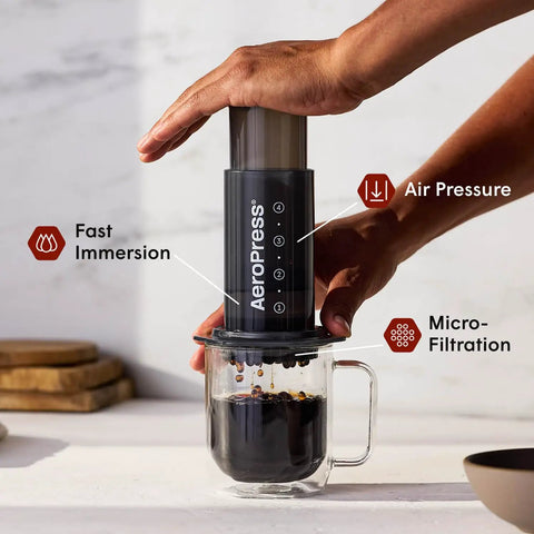 All In One French Press Pour Over And Espresso Style Manual Brewer For Quick 2 Minute Brews With Rich Flavor, portable coffee maker in use