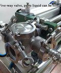 Five-way valve of Semi Automatic Horizontal Pneumatic Bottle Filler Machine for Liquids Creams Cosmetics and Sauces, stainless steel design.