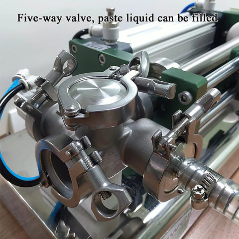 Five-way valve of Semi Automatic Horizontal Pneumatic Bottle Filler Machine for Liquids Creams Cosmetics and Sauces, stainless steel design.
