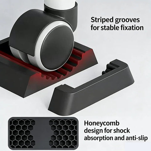 Top Shelf Rubber Furniture Pads Iron Clad Non Slip Chair Wheel Stopper with striped grooves and honeycomb design for stability.