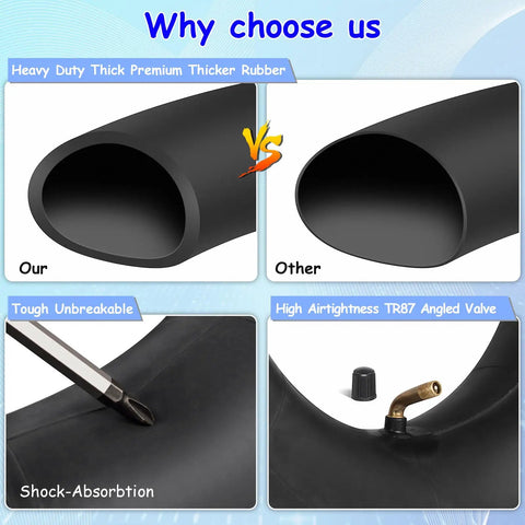 Comparison of 4.80/4.00-8 Inch Inner Tubes 4 Pack Heavy Duty with TR87 Angled Valve and competitor tubes, showing thickness and valve.