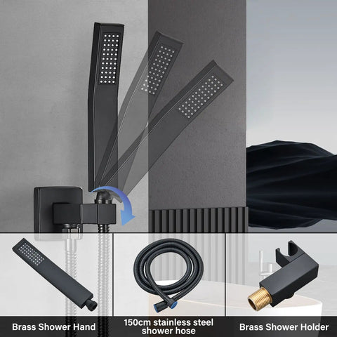 Top Tier Matte Black Rain Shower System With An Eight Inch Square Showerhead And Heavy Duty Brass Handheld Sprayer With Precision Pressure Valve To Stop Scald Risks For Chill Daily Showers