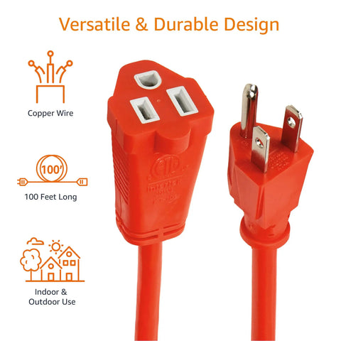 100 Foot 3 Prong Vinyl Indoor Outdoor Extension Cord With Grounded Plug ETL Certified, orange, close-up of plug ends