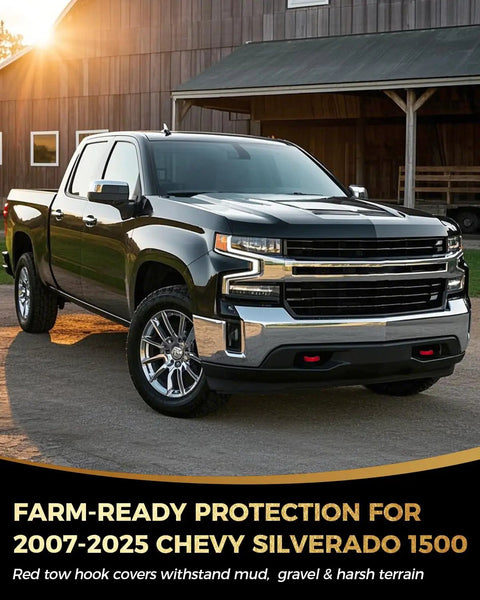Tow Hook Covers For Chevy Silverado 1500 2007 To 2025 Custom Front Accessories shown on parked truck