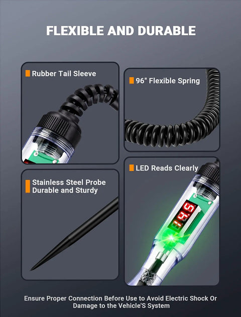 Rugged Pro Grade Automotive Test Light Circuit Tester with 3-48V Digital Voltmeter, showing flexible spring and LED display.