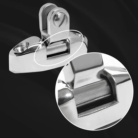 Heavy Duty 316 Stainless Steel Bimini Top Swivel Deck Hinge With 180 Degree Adjustable Quick Release Side Mount Hardware close-up view.