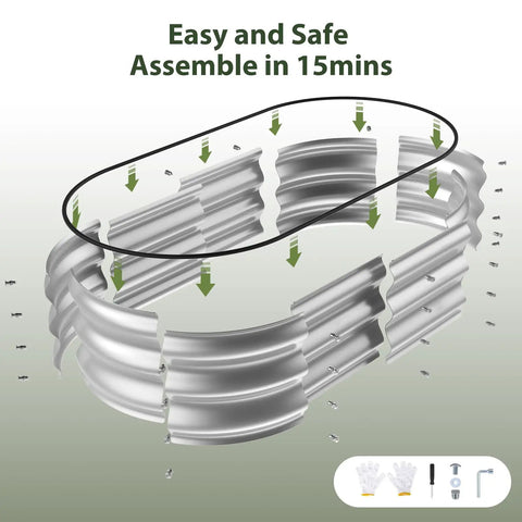 Diagram of Heavy Duty Galvanized Raised Garden Bed Kit 4x2x1 Ft With Safety Edging showing assembly process.
