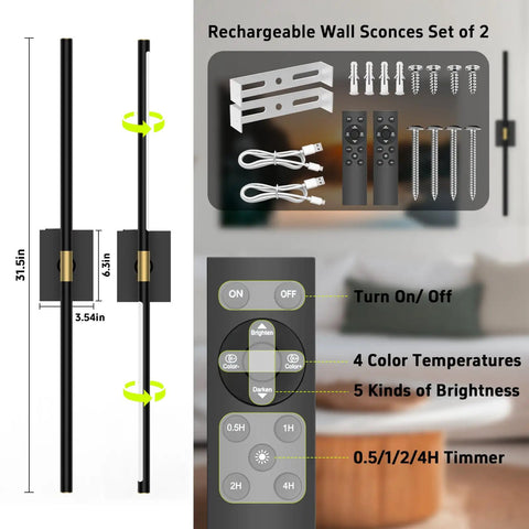Cordless Battery Wall Sconces Set Of 2 Packed With 10000 Mah Power And Zero Wiring Hassle For Quick Setup and sleek matte black finish, remote control features, 31.5in height.