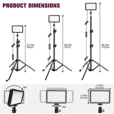 Pro Grade Dimmable USB LED Video Lights Kit with 5600K Daylight Adjustable Tripod Stand shown in height variations and angles