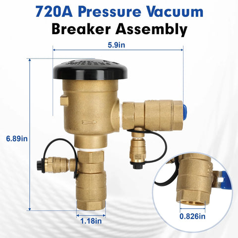 3/4-inch brass pressure vacuum breaker backflow preventer for irrigation, front view with black cap.