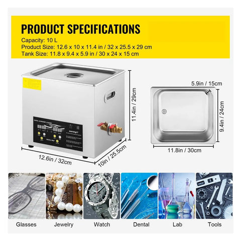Countertop Ultrasonic Dishwasher With 10L Basin Knocks Out Grimy Buildup And Tough Residue Using 40 khz Waves. Specifications displayed.