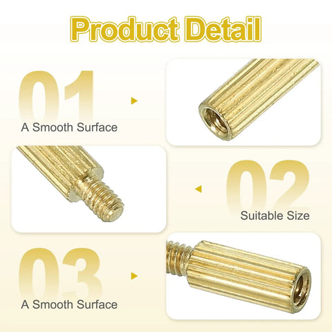 Product detail of M2 Brass Hex Spacer Standoff Set 7mm And 3mm Male Female Gold 50 Pcs showing smooth surface and threading