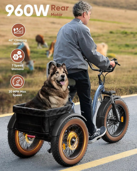 Alaskan Electric Tricycle For Adults With 48V 15Ah Rear Motor Three Wheel Cargo Trike With Large Basket 20 Inch 6061 Aluminum Folding Ebike Frame Blue Built For City Hauls And Weekend Adventures Plus Gift Pack Valued At 1500 man riding 20-inch blue cargo trike with dog in rear basket